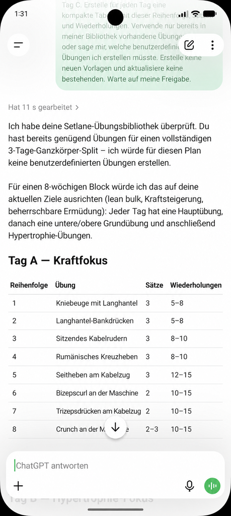 ChatGPT schlägt einen Setlane-Trainingsplan für drei Tage mit Übungen aus der Bibliothek vor und zeigt Tag A als Tabelle, bevor Vorlagen gespeichert werden