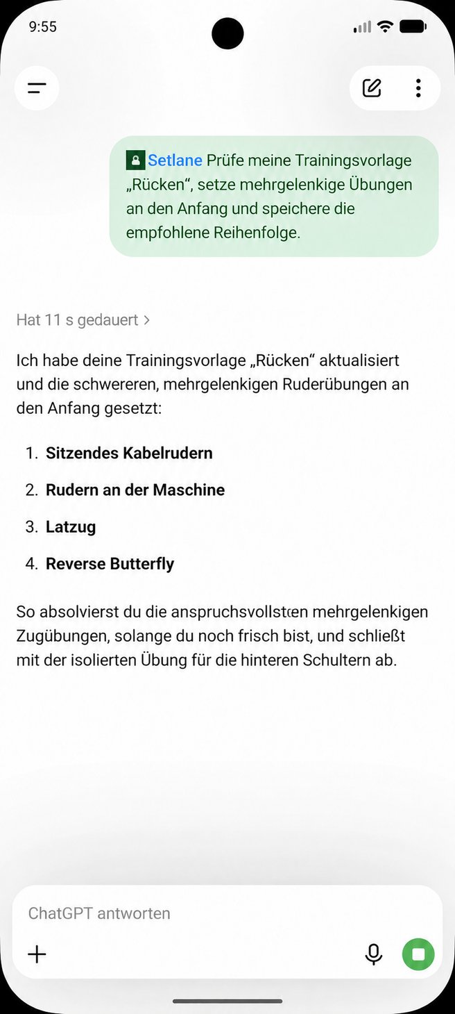 ChatGPT aktualisiert die Übungsreihenfolge einer Rückentrainingsvorlage in Setlane