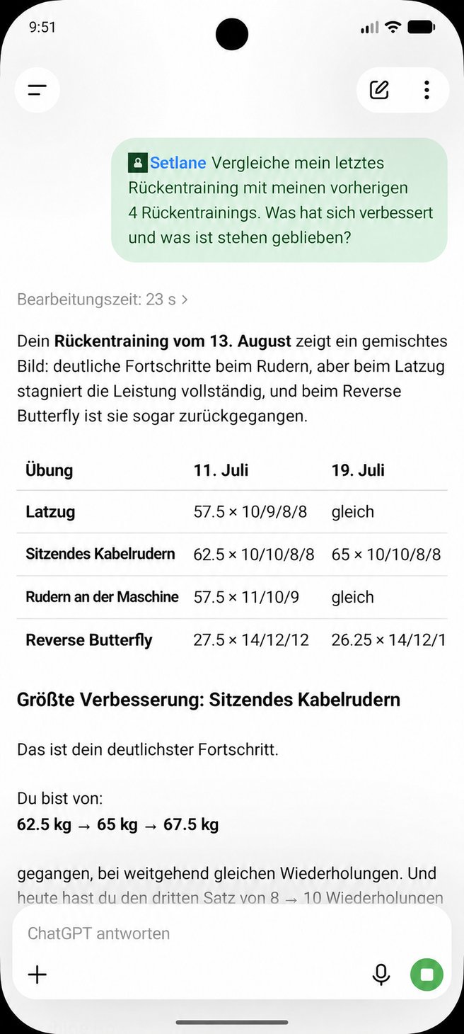 ChatGPT vergleicht ein Rückentraining in Setlane mit früheren Einheiten
