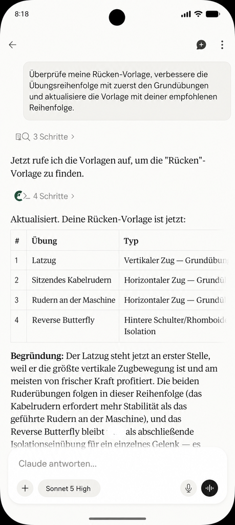 Claude aktualisiert die Übungsreihenfolge einer Rückentrainingsvorlage in Setlane