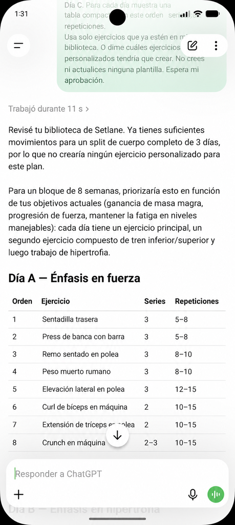 ChatGPT proponiendo una rutina de Setlane de tres días a partir de la biblioteca, con el Día A en una tabla, antes de guardar ninguna plantilla