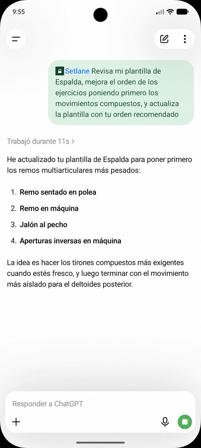 ChatGPT actualizando el orden de ejercicios de una plantilla de espalda en Setlane