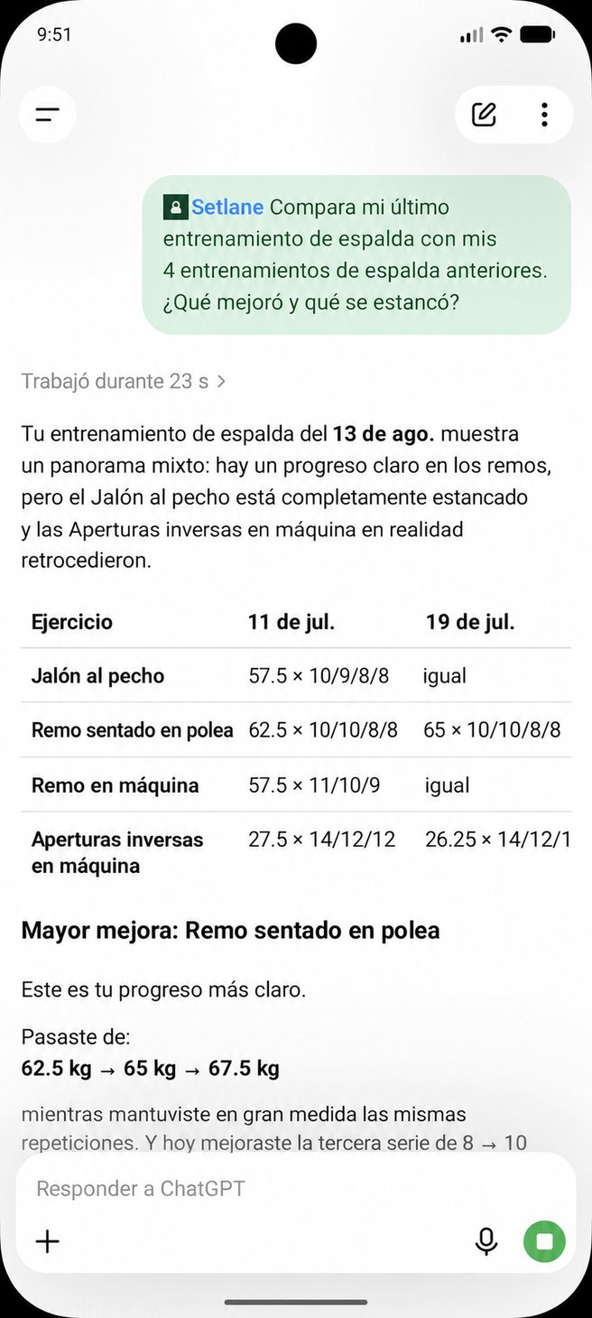 ChatGPT comparando un entrenamiento de espalda de Setlane con sesiones anteriores