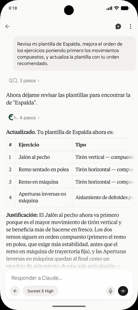 Claude actualizando el orden de ejercicios de una plantilla de espalda en Setlane