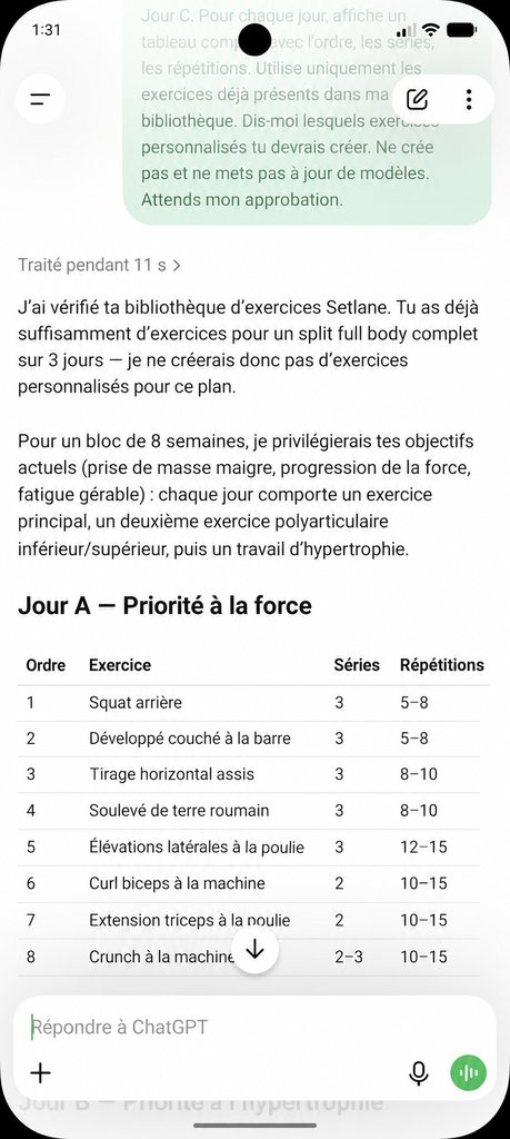 ChatGPT propose un programme Setlane sur trois jours à partir de la bibliothèque, avec le jour A présenté en tableau, avant tout enregistrement
