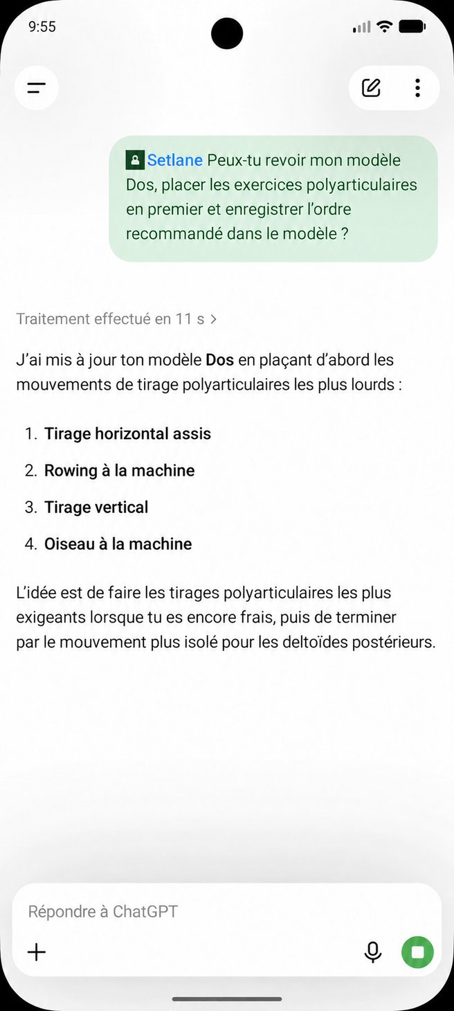ChatGPT modifie l'ordre des exercices d'un modèle dos dans Setlane