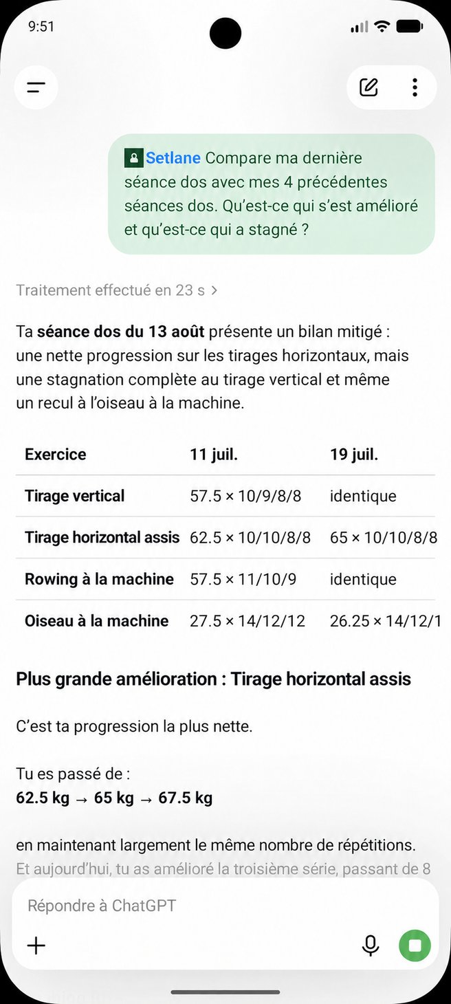ChatGPT compare une séance dos de Setlane aux séances précédentes