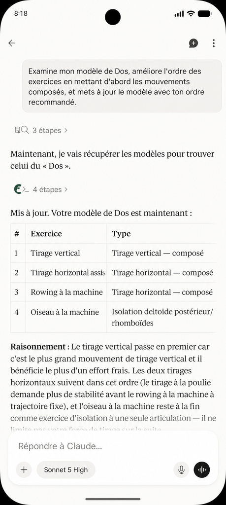 Claude modifie l'ordre des exercices d'un modèle dos dans Setlane