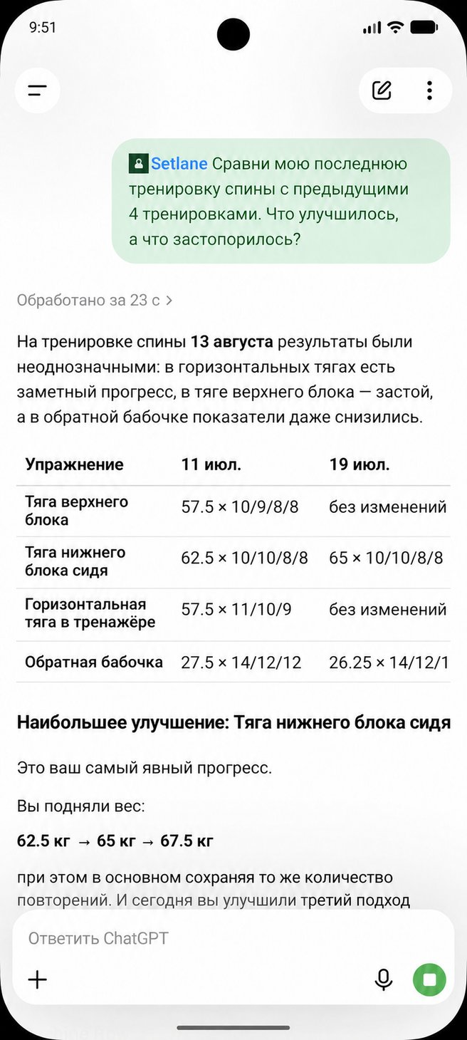 ChatGPT сравнивает тренировку спины в Setlane с предыдущими занятиями