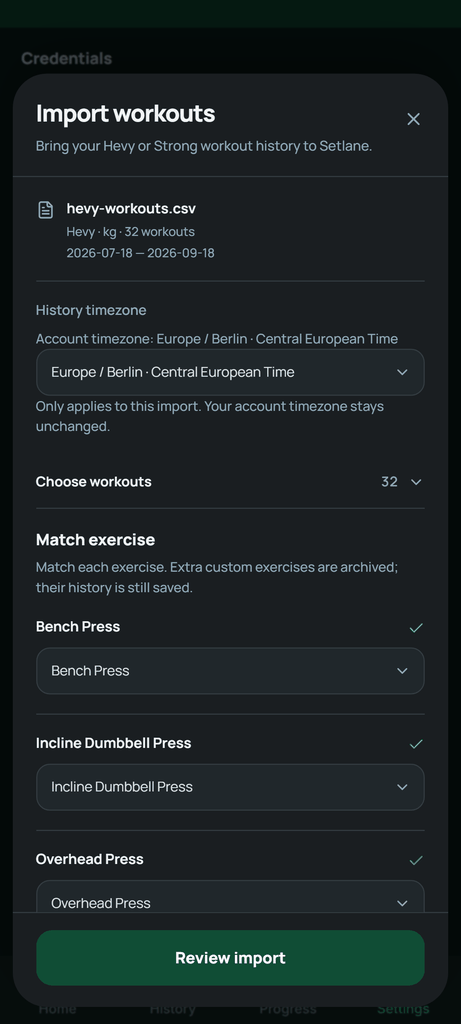 Match the exercises from your Hevy file before reviewing the import.