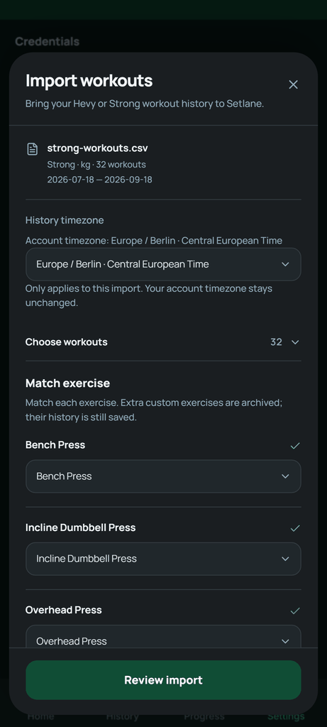 Match the exercises from your Strong file before reviewing the import.