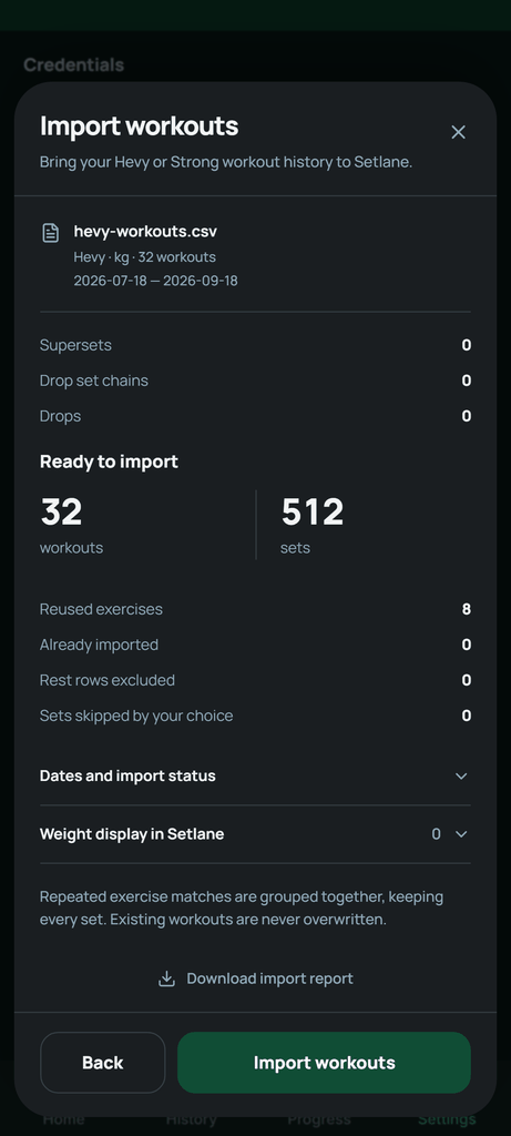 Review the counts and warnings before tapping Import workouts.