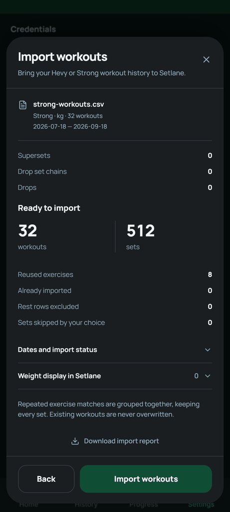 Review the counts and warnings before tapping Import workouts.