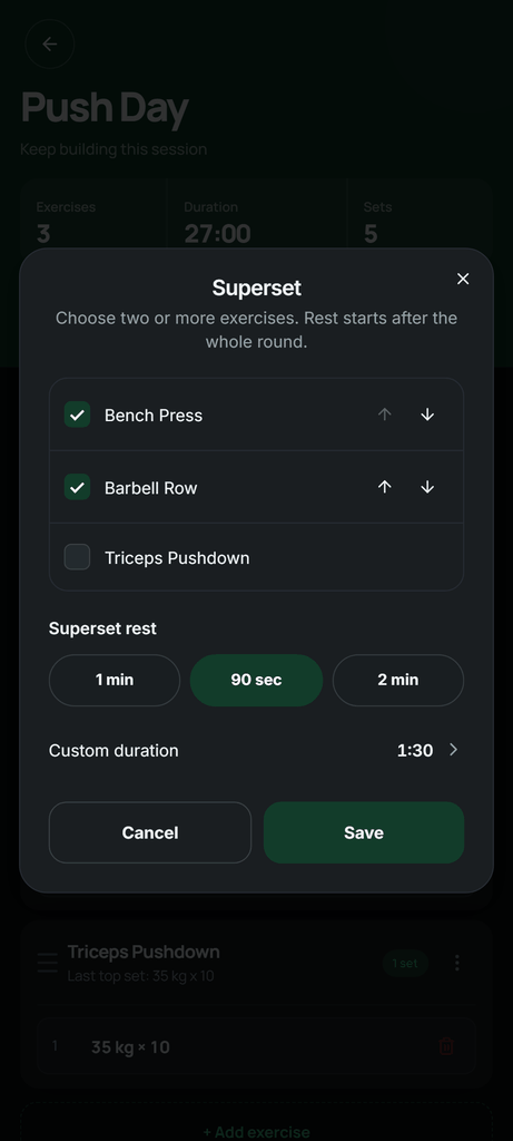 Creating a two-exercise superset with a 1:30 rest after the round. Real Setlane interface with demonstration data.