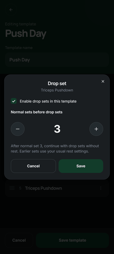 A routine rule that starts drop sets after the third normal set.