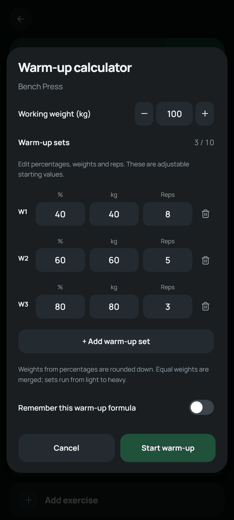 Setlane’s warm-up calculator with adjustable percentages and reps based on the planned working weight.
