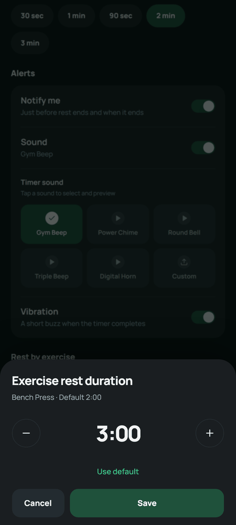 Under Rest by exercise, choose Add exercise. Select the exercise, set its duration and save it.