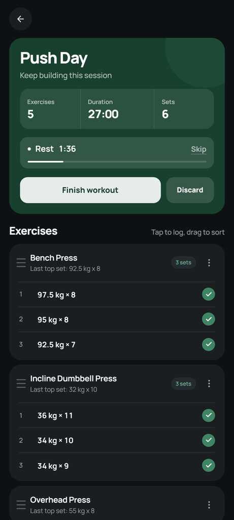 The active workout shows the rest countdown alongside the logged exercise, so the break stays visible.