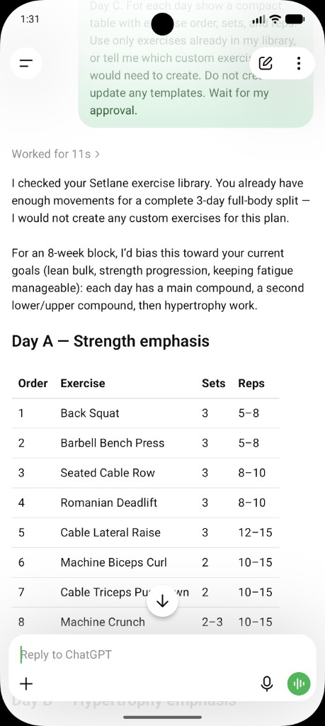 ChatGPT proposing a three-day Setlane routine from the exercise library, with Day A as a table, before any templates are saved