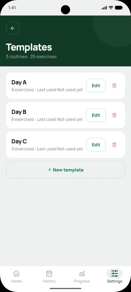 Setlane Templates list with Day A, Day B, and Day C routines saved from the ChatGPT plan, unused