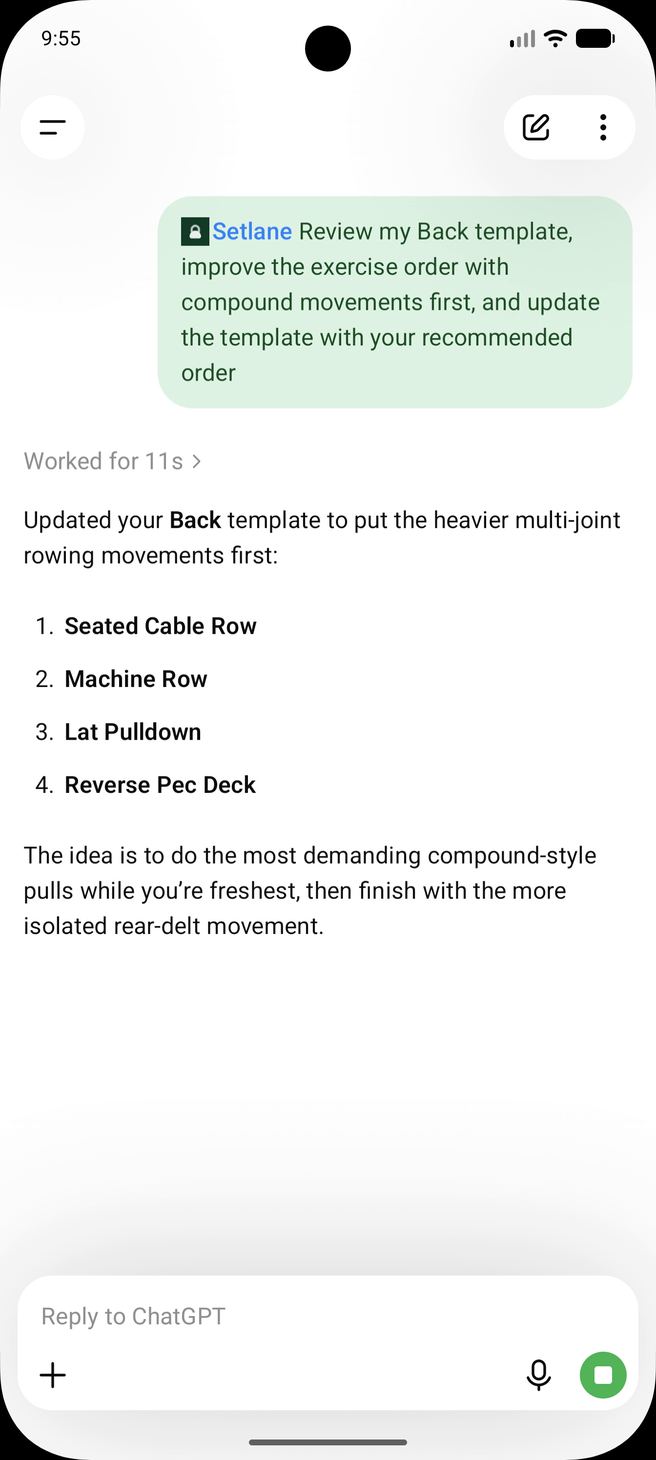 ChatGPT updating the exercise order in a Setlane Back template