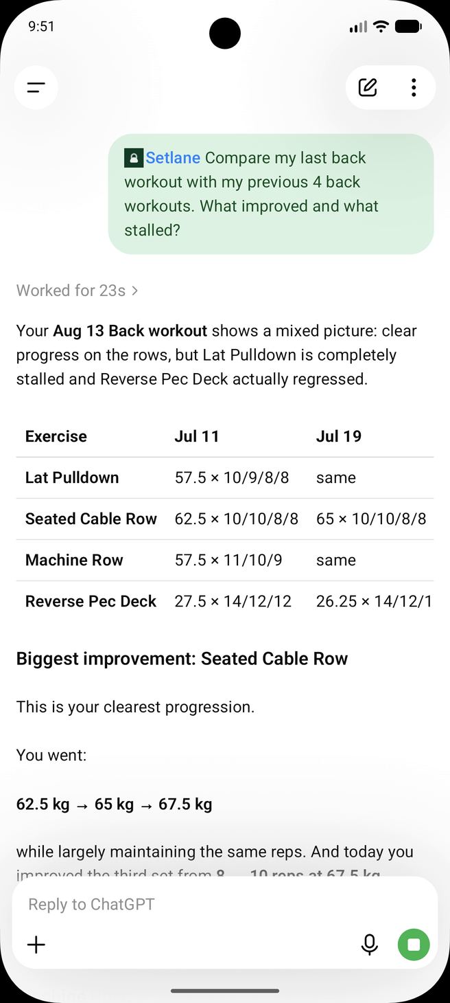 ChatGPT comparing a Setlane back workout with previous workouts
