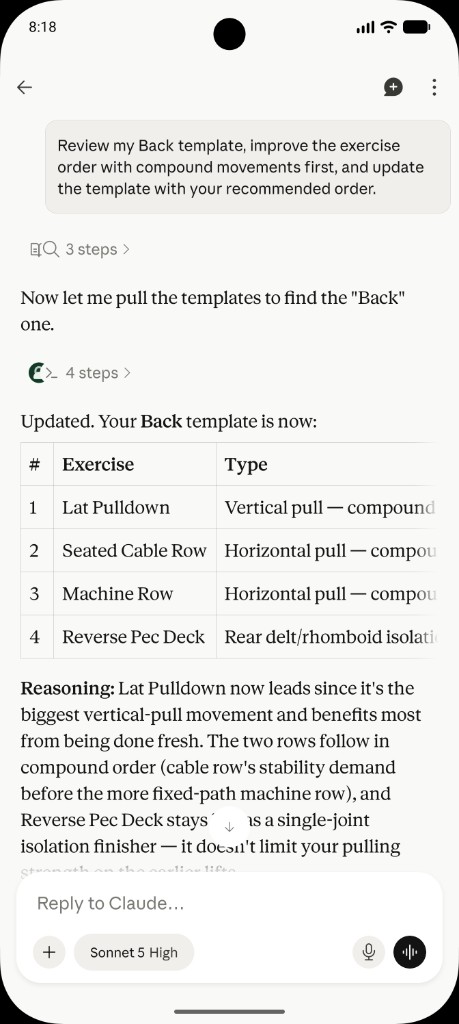 Claude updating the exercise order in a Setlane Back template