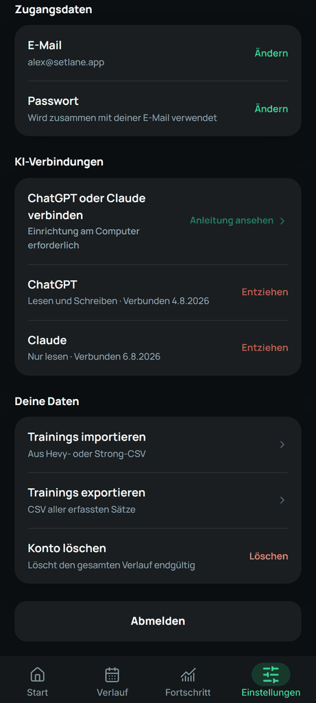 Öffne „Trainings importieren“ in den Kontoeinstellungen.