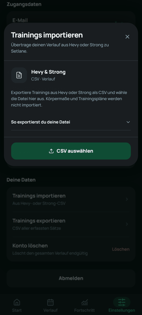 Wähle die ursprüngliche Trainings-CSV auf deinem Gerät aus.