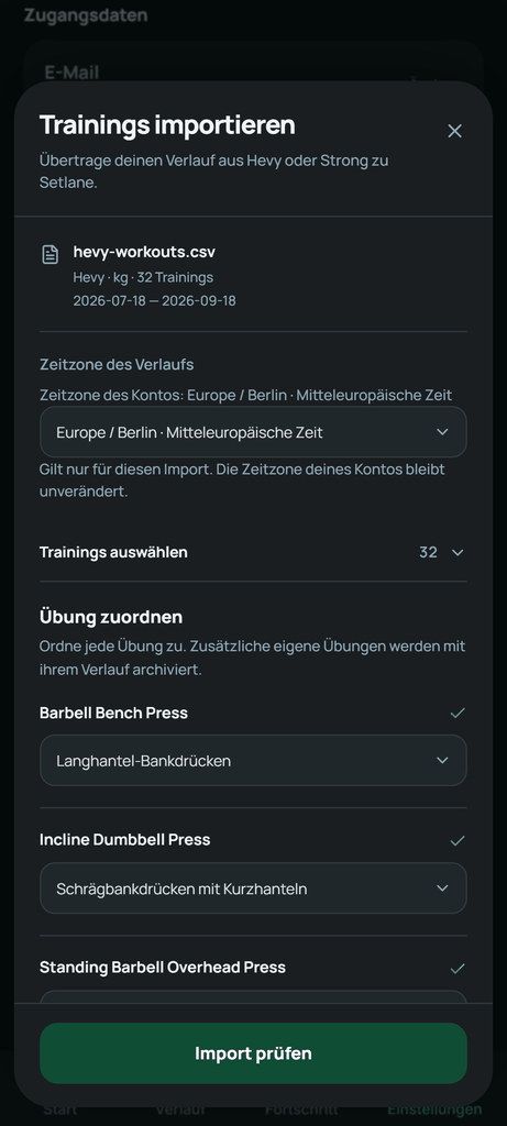 Ordne die Übungen aus deiner Hevy-Datei zu, bevor du den Import prüfst.