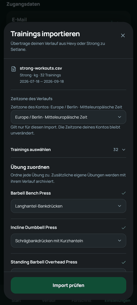 Ordne die Übungen aus deiner Strong-Datei zu, bevor du den Import prüfst.
