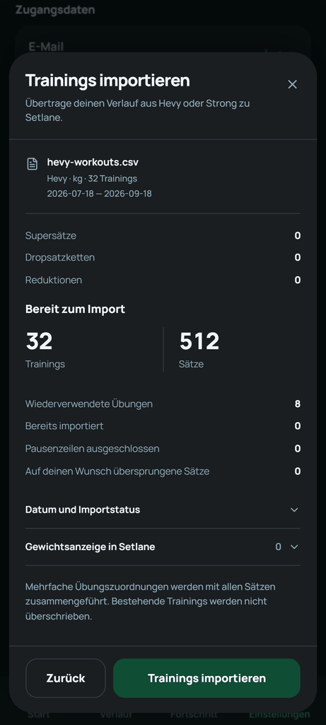 Prüfe die Anzahlen und Warnungen, bevor du auf „Trainings importieren“ tippst.