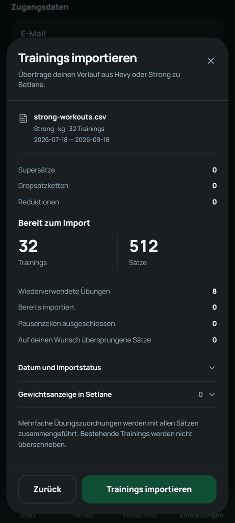 Prüfe die Anzahlen und Warnungen, bevor du auf „Trainings importieren“ tippst.