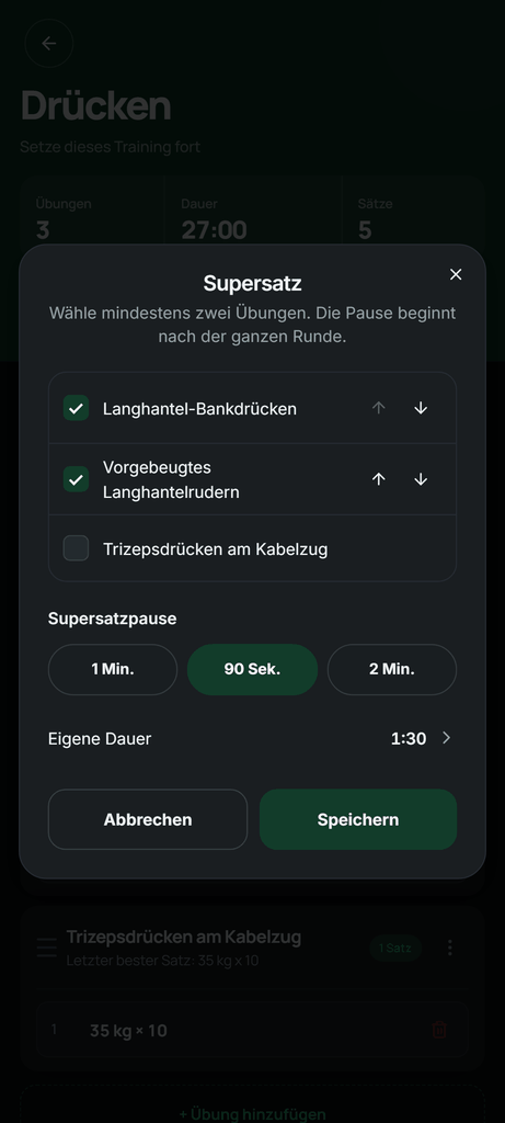 Ein Supersatz mit zwei Übungen und 1:30 Pause nach der Runde. Echte Setlane-Oberfläche mit Demonstrationsdaten.