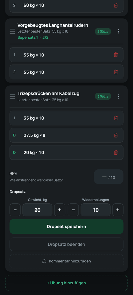 Eine Folge beim Trizepsdrücken: 35 kg × 10, 27,5 kg × 8 und 20 kg × 10. Jede Stufe bleibt im Protokoll sichtbar.