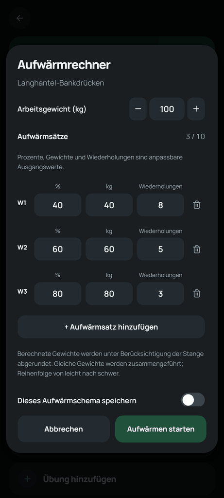 Der Aufwärmrechner von Setlane mit anpassbaren Prozenten und Wiederholungen auf Basis des geplanten Arbeitsgewichts.