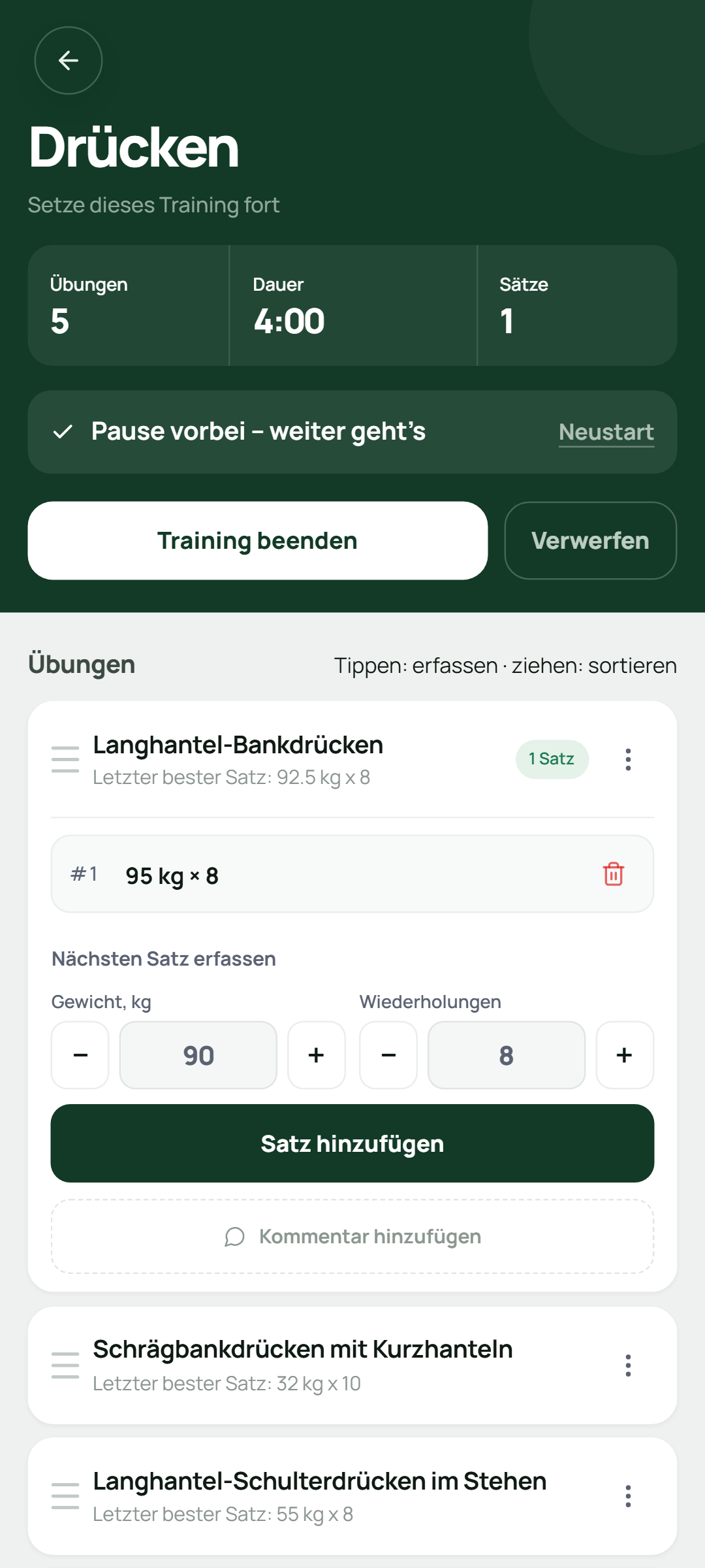 Trainingsansicht in Setlane zum Erfassen von Gewicht und Wiederholungen eines Satzes