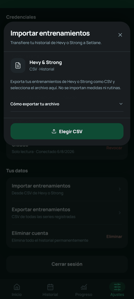 Selecciona el CSV original de tus entrenamientos en el dispositivo.