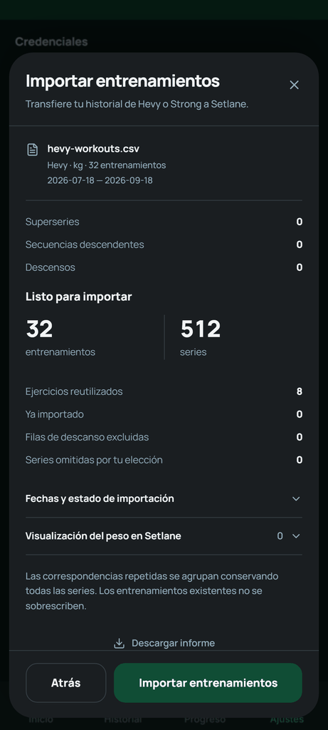 Revisa las cantidades y los avisos antes de pulsar Importar entrenamientos.