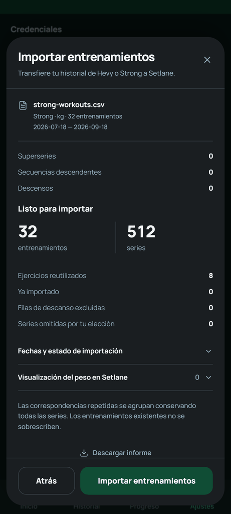 Revisa las cantidades y los avisos antes de pulsar Importar entrenamientos.