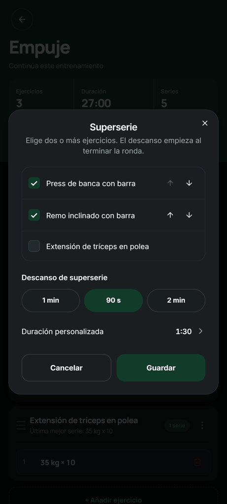 Creación de una superserie de dos ejercicios con 1:30 de descanso tras la ronda. Interfaz real de Setlane con datos de demostración.