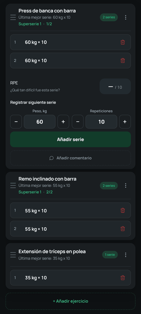 La etiqueta Superserie y la posición dentro del grupo conservan la pareja de ejercicios. El peso y las repeticiones siguen separados para cada ejercicio.