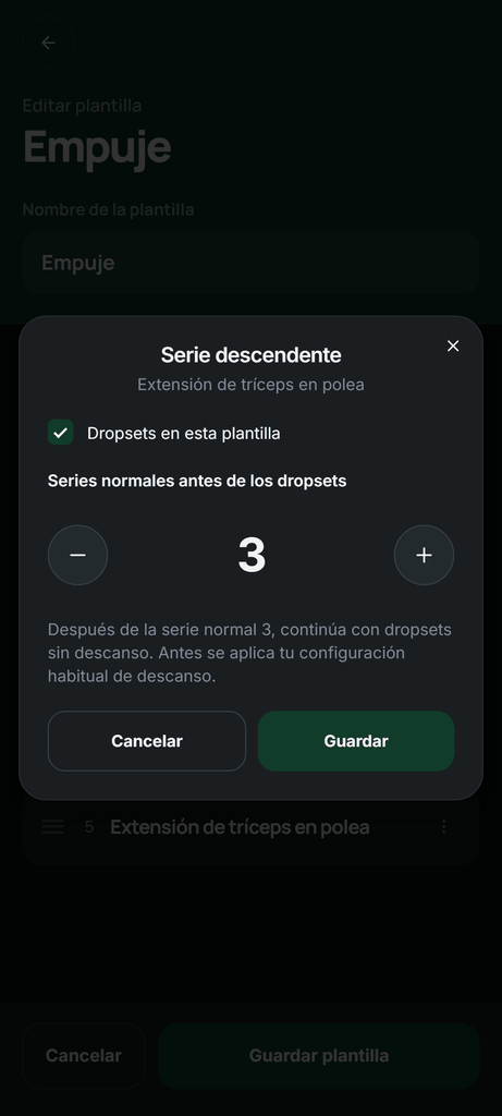 Una regla de rutina que empieza las series descendentes tras la tercera serie normal.