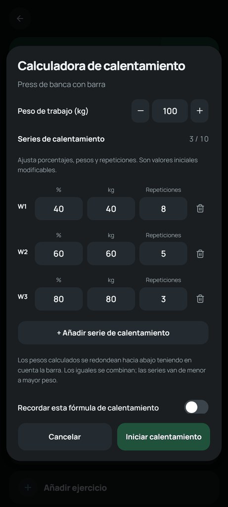 La calculadora de calentamiento de Setlane con porcentajes y repeticiones ajustables según el peso de trabajo previsto.