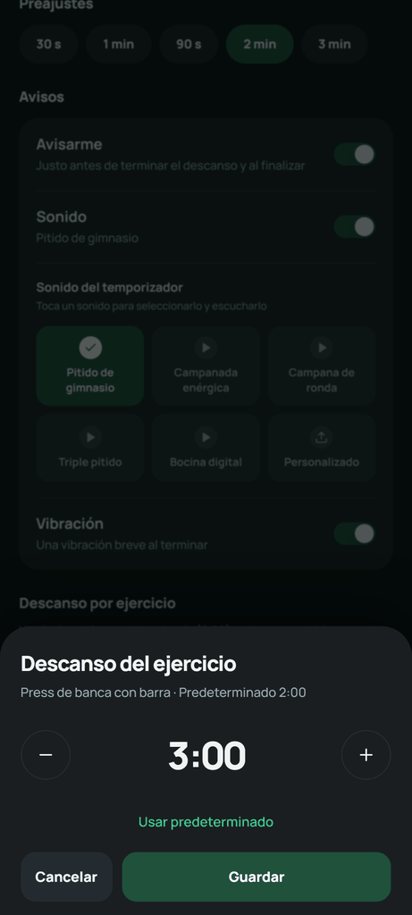 En Descanso por ejercicio, elige Añadir ejercicio. Selecciona el movimiento, define su duración y guarda.