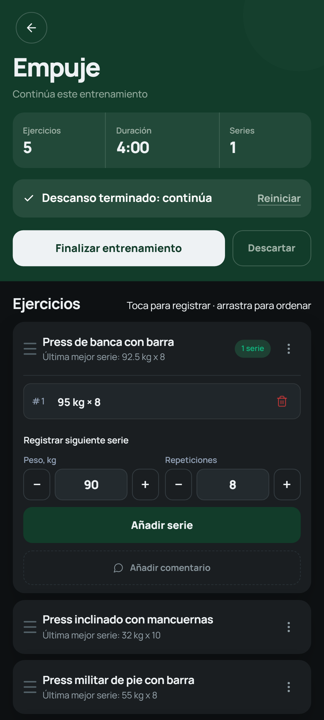 Setlane al registrar la siguiente serie con el peso y las repeticiones ya rellenados