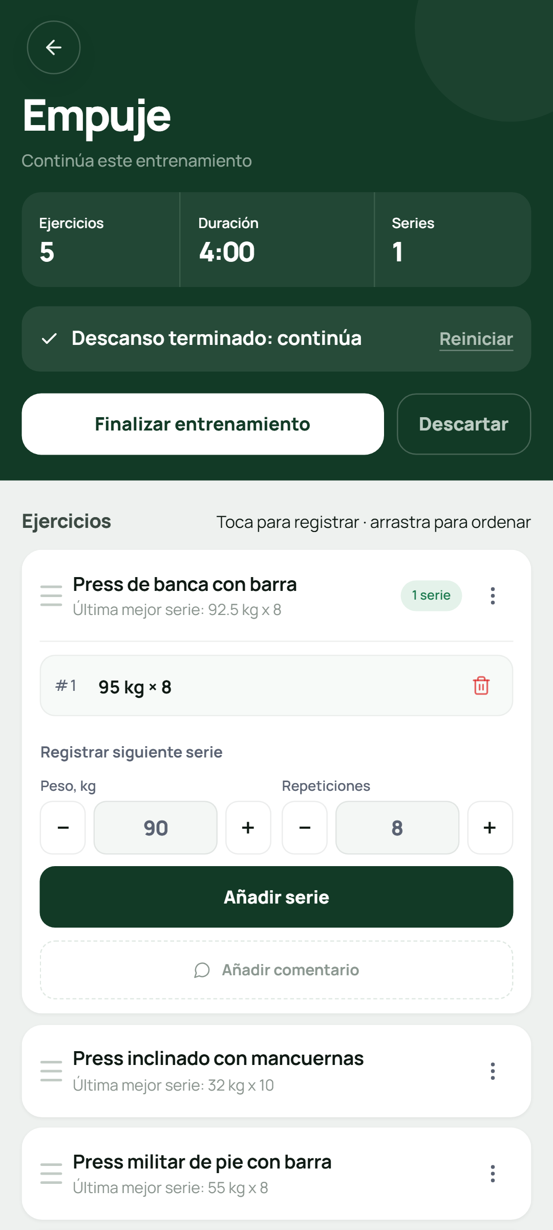 Pantalla de Setlane para registrar el peso y las repeticiones de una serie