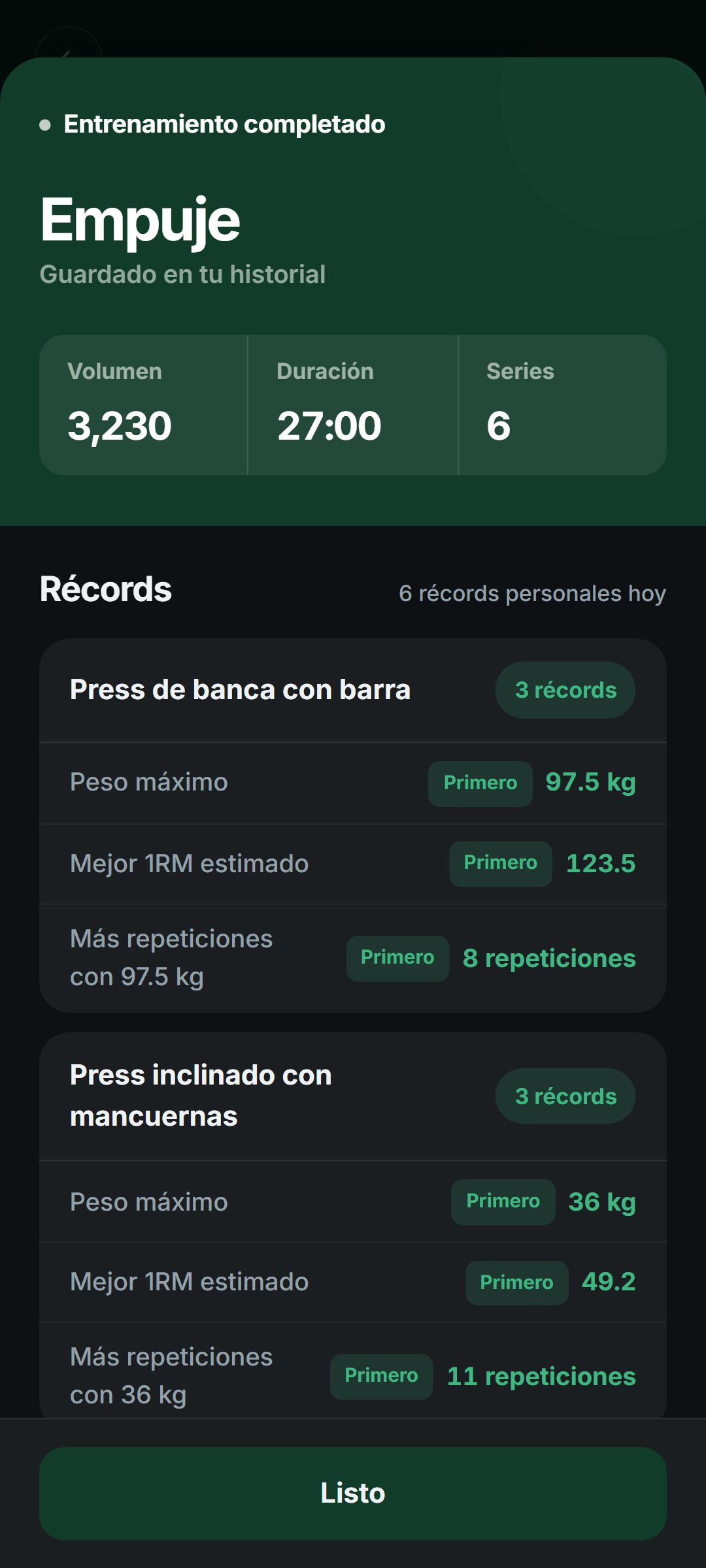 Setlane mostrando los récords personales de un entrenamiento completado