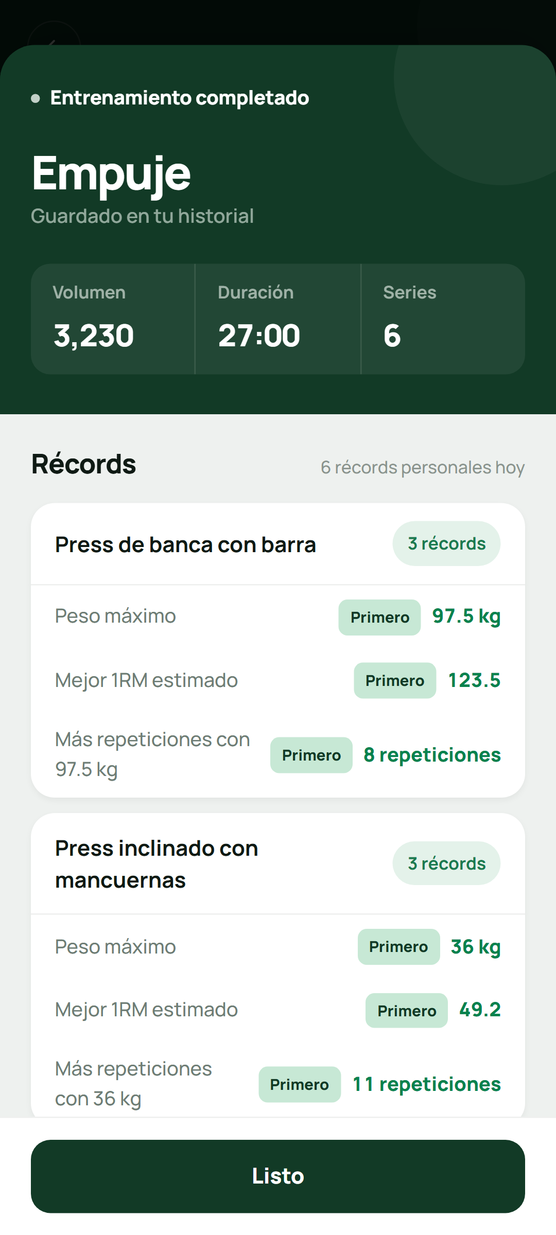 Récords tras completar una sesión: seis récords personales en dos ejercicios..
