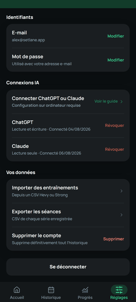 Ouvrez Importer des entraînements dans les réglages du compte.